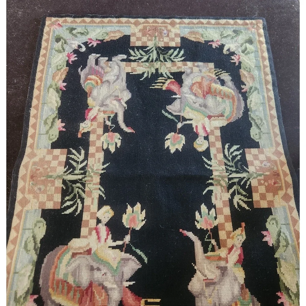 Vintage 2x3 French Handmade Aubusson Rug Black‎ Elephant